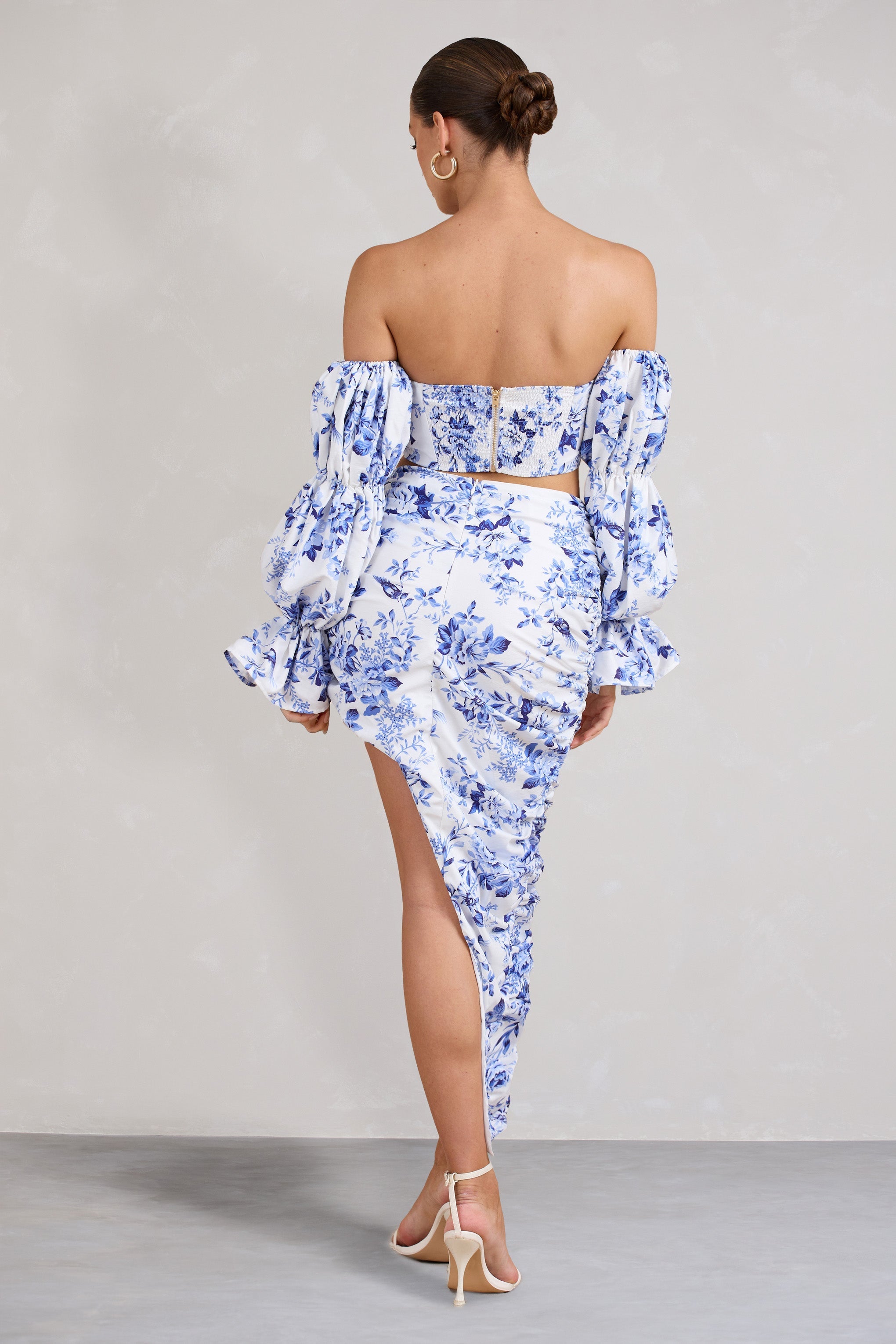 Blue Floral Ruched Asymmetric Maxi Skirt