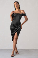 Black Satin Bardot Sleeve Corset Wrap Midi Dress