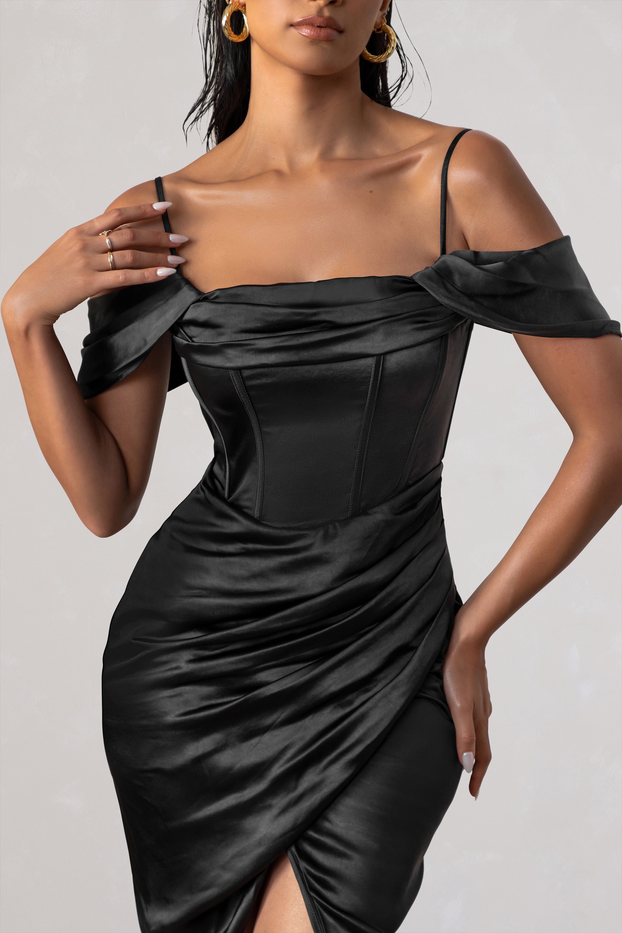Black Satin Bardot Sleeve Corset Wrap Midi Dress