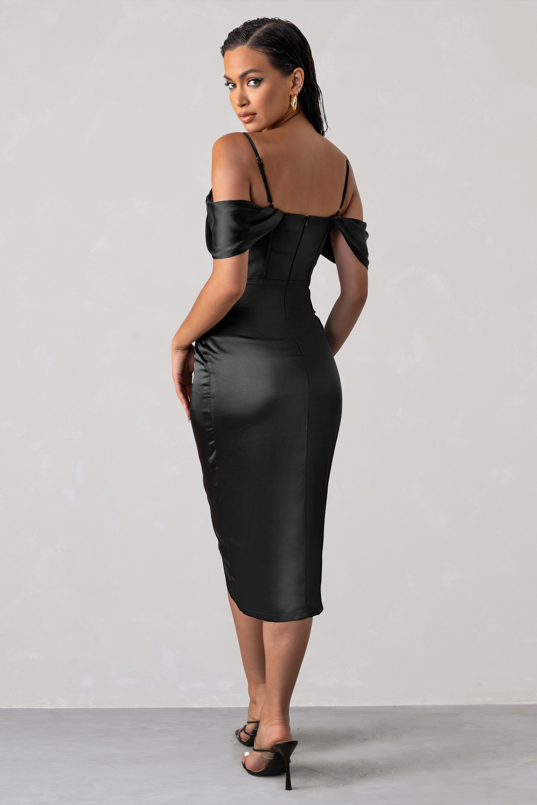 Black Satin Bardot Sleeve Corset Wrap Midi Dress