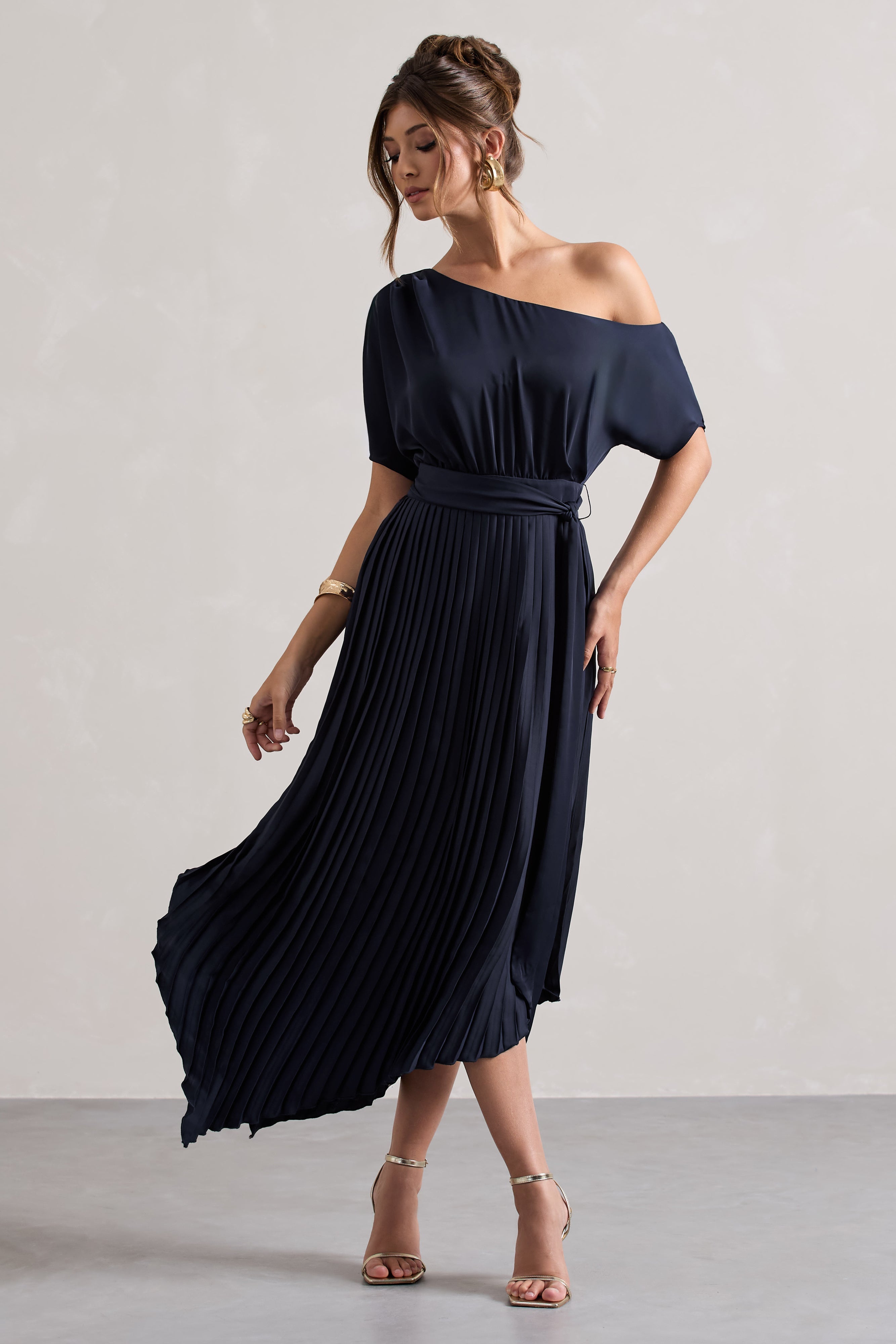 Navy Satin Asymmetric Plisse Maxi Dress