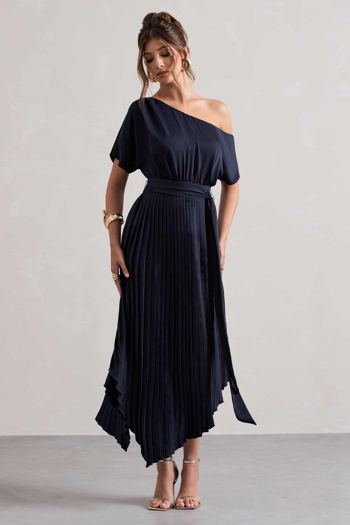 Navy Satin Asymmetric Plisse Maxi Dress