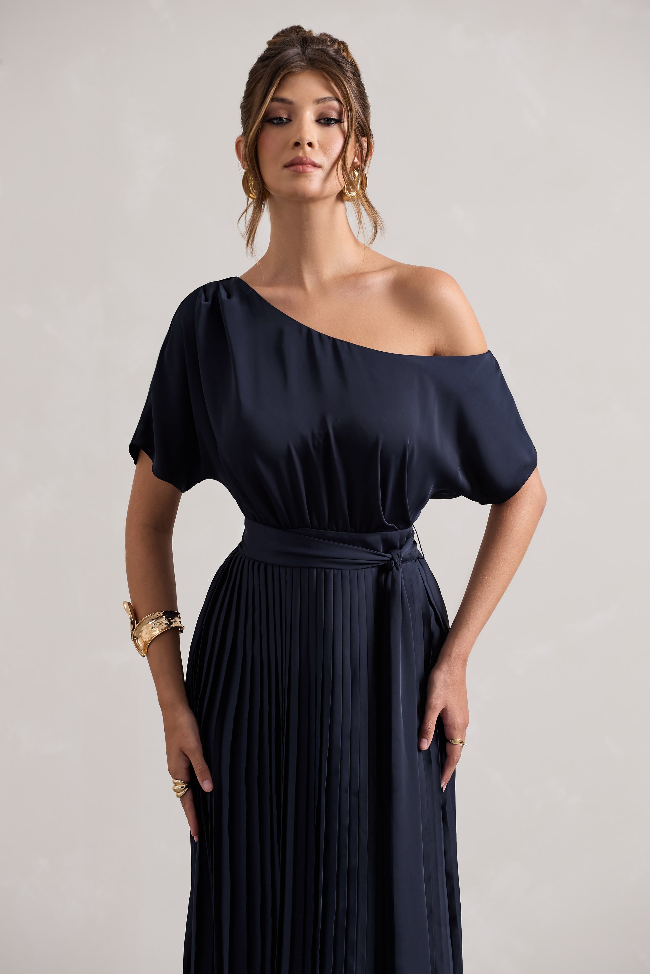 Navy Satin Asymmetric Plisse Maxi Dress