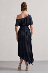 Navy Satin Asymmetric Plisse Maxi Dress