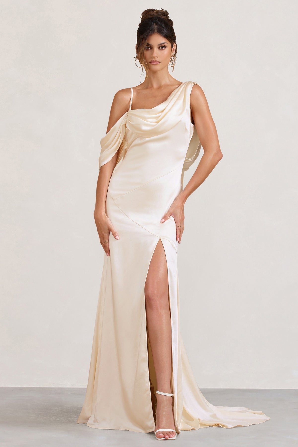 Cream Satin Asymmetric Draped Split Maxi Dress