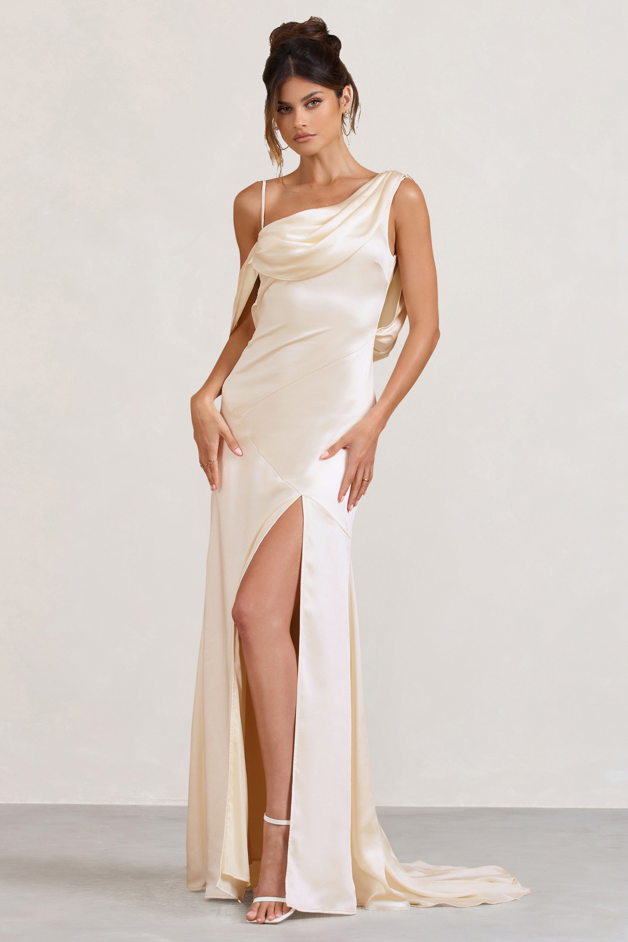 Cream Satin Asymmetric Draped Split Maxi Dress