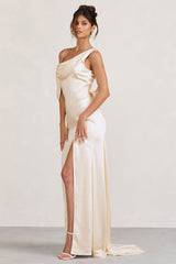 Cream Satin Asymmetric Draped Split Maxi Dress