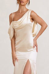 Cream Satin Asymmetric Draped Split Maxi Dress