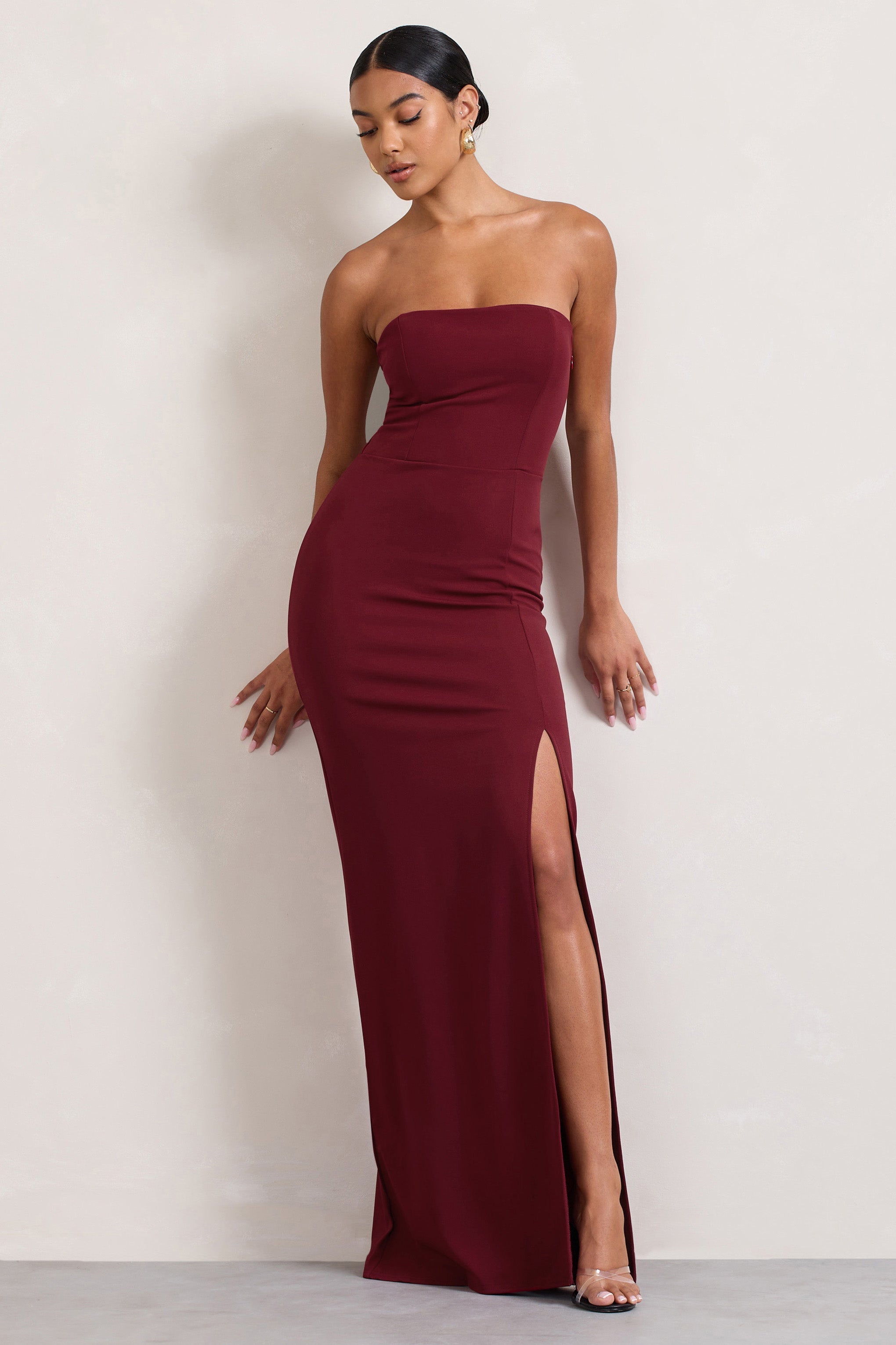 Berry Bandeau Maxi Dress With Split Hem