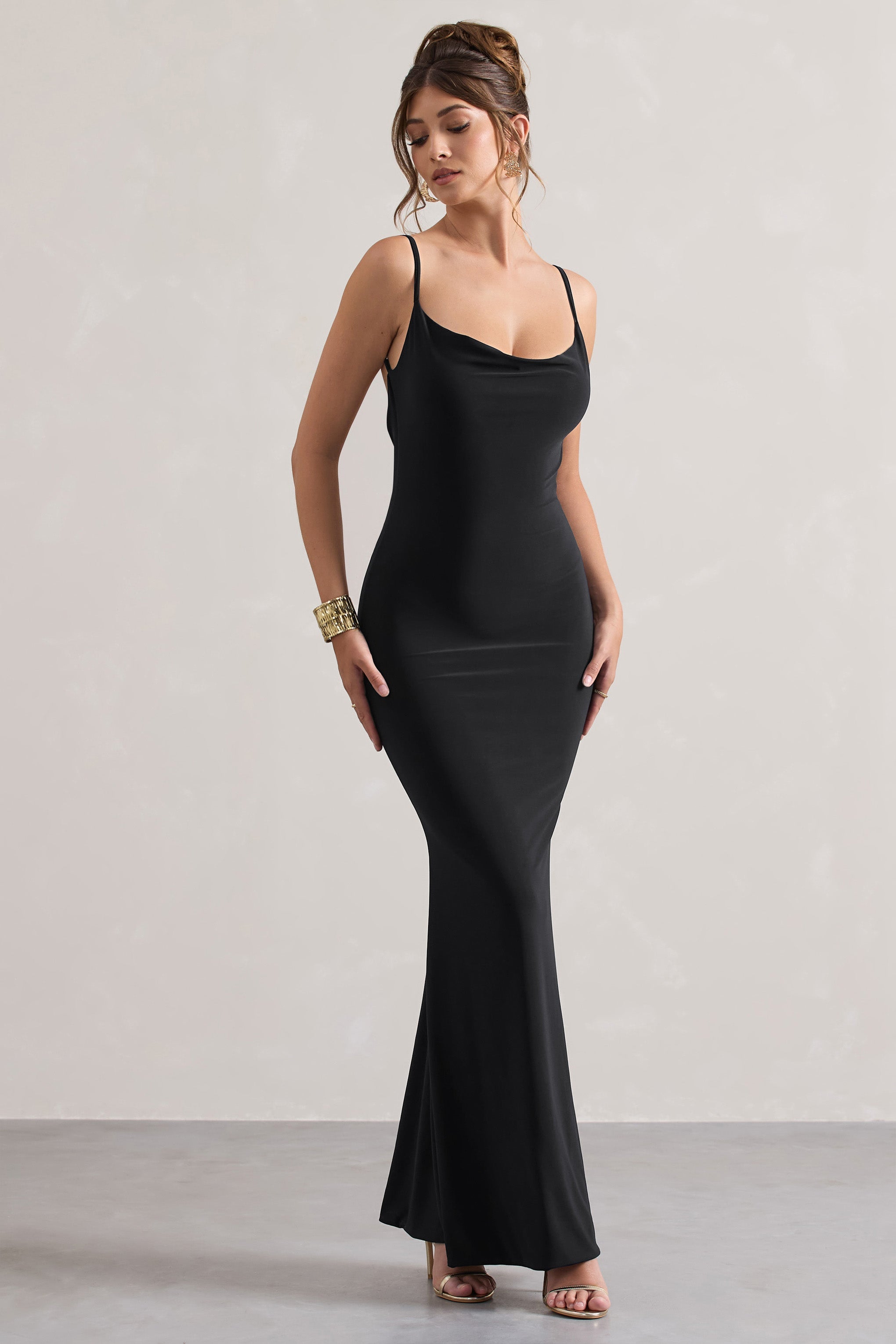 Black Cowl Neck Backless Maxi Dress With Lace Insert