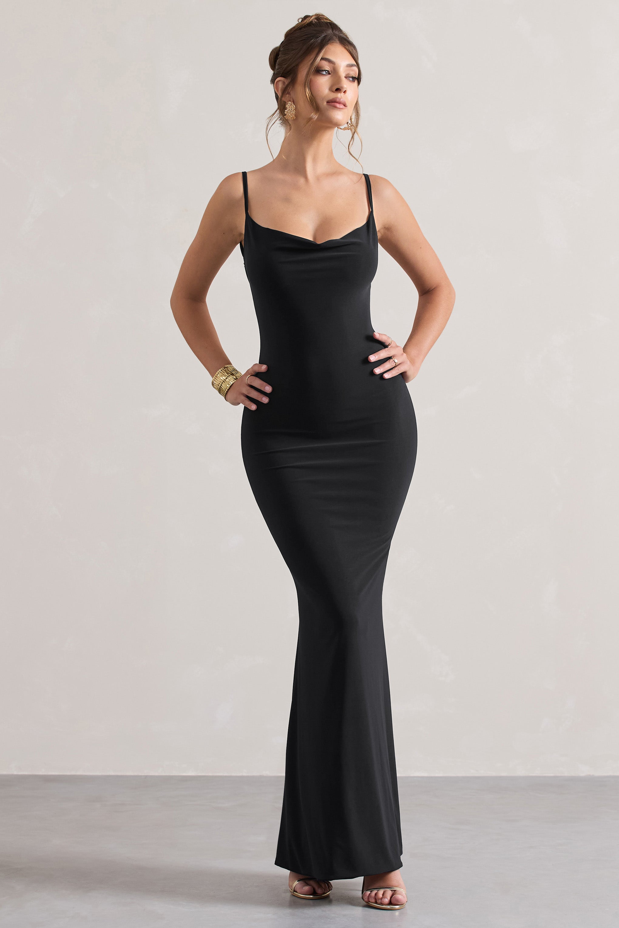 Black Cowl Neck Backless Maxi Dress With Lace Insert