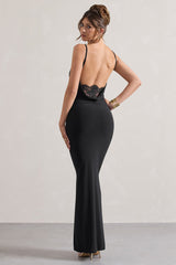 Black Cowl Neck Backless Maxi Dress With Lace Insert