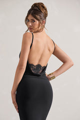 Black Cowl Neck Backless Maxi Dress With Lace Insert
