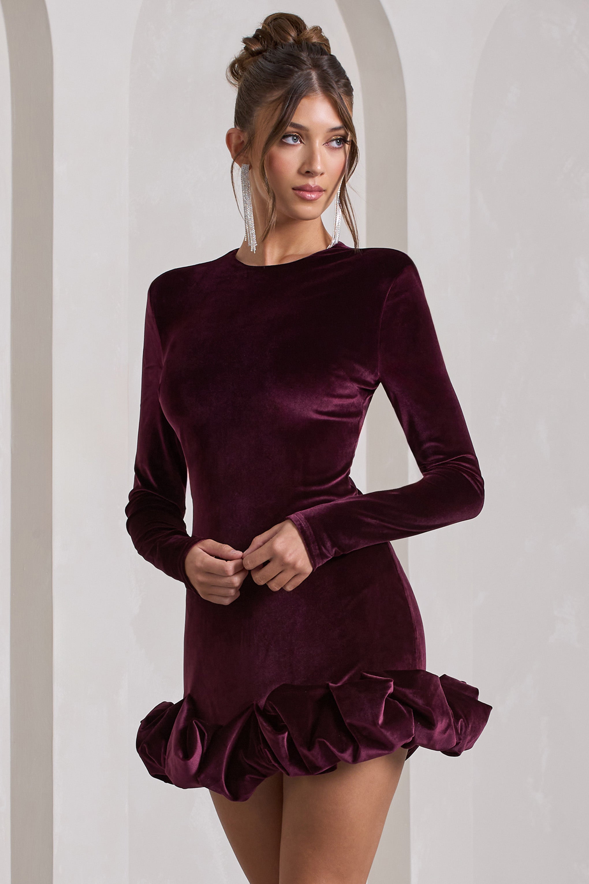 Port Velvet Long-Sleeved Ruffled Mini Dress