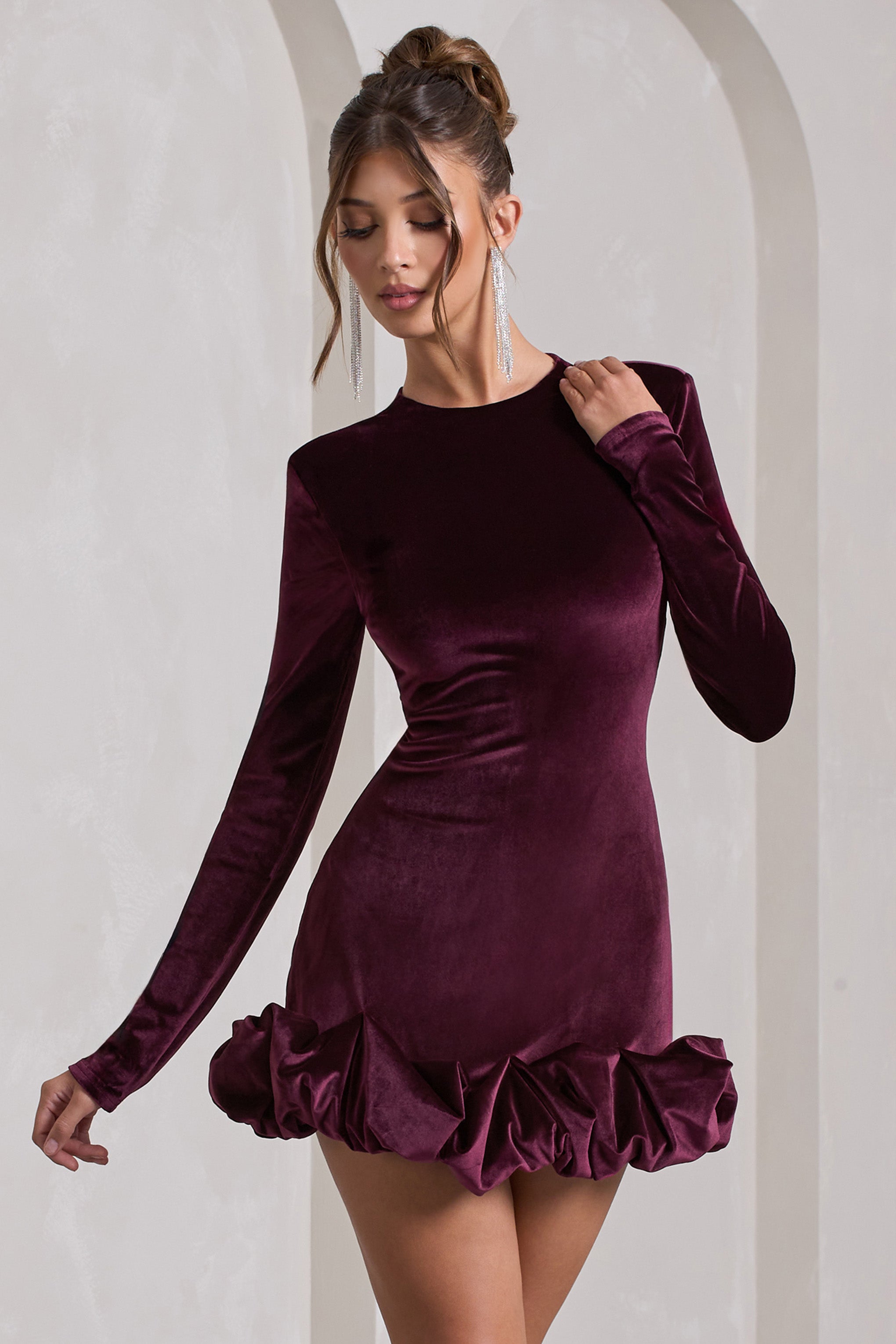 Port Velvet Long-Sleeved Ruffled Mini Dress