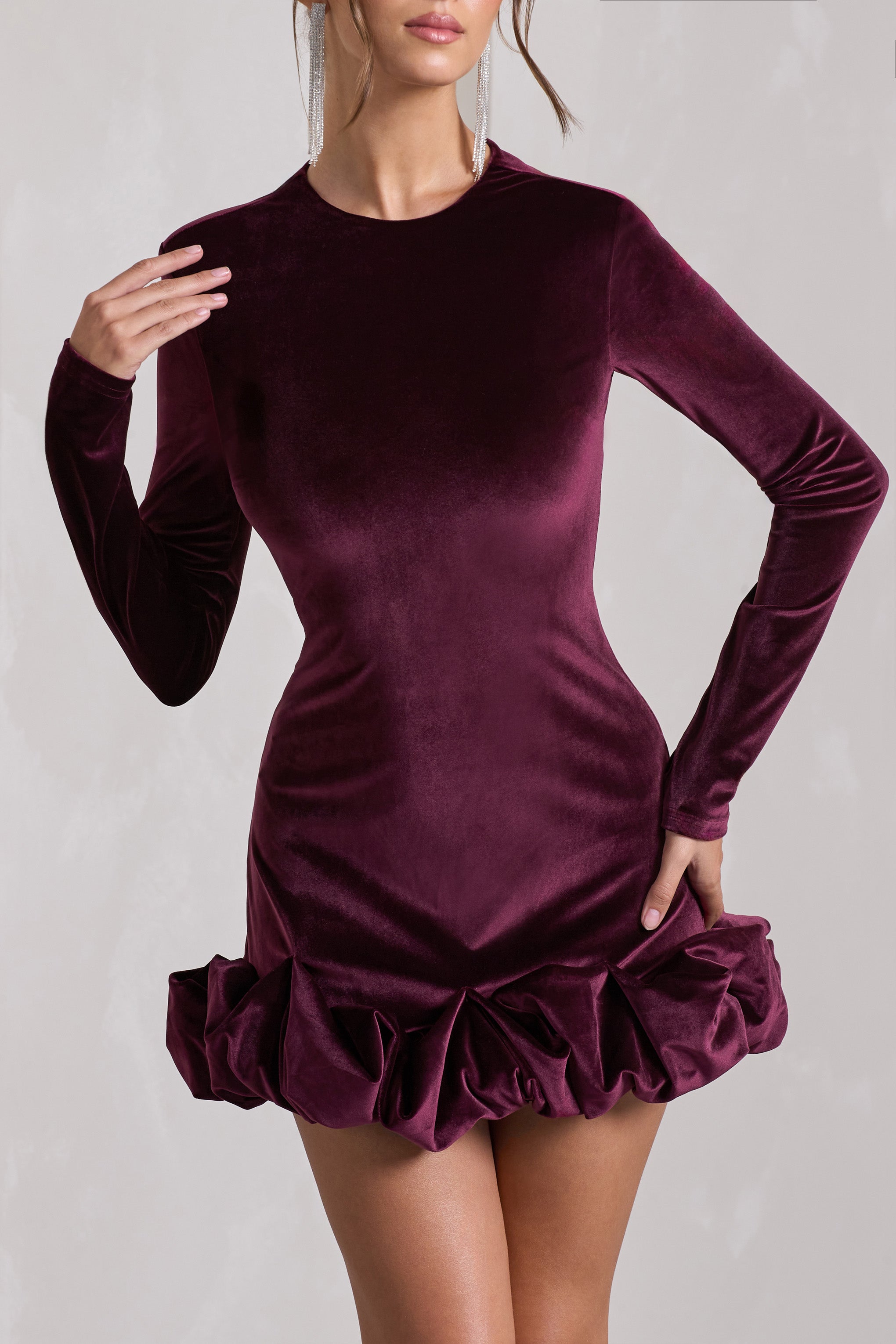 Port Velvet Long-Sleeved Ruffled Mini Dress