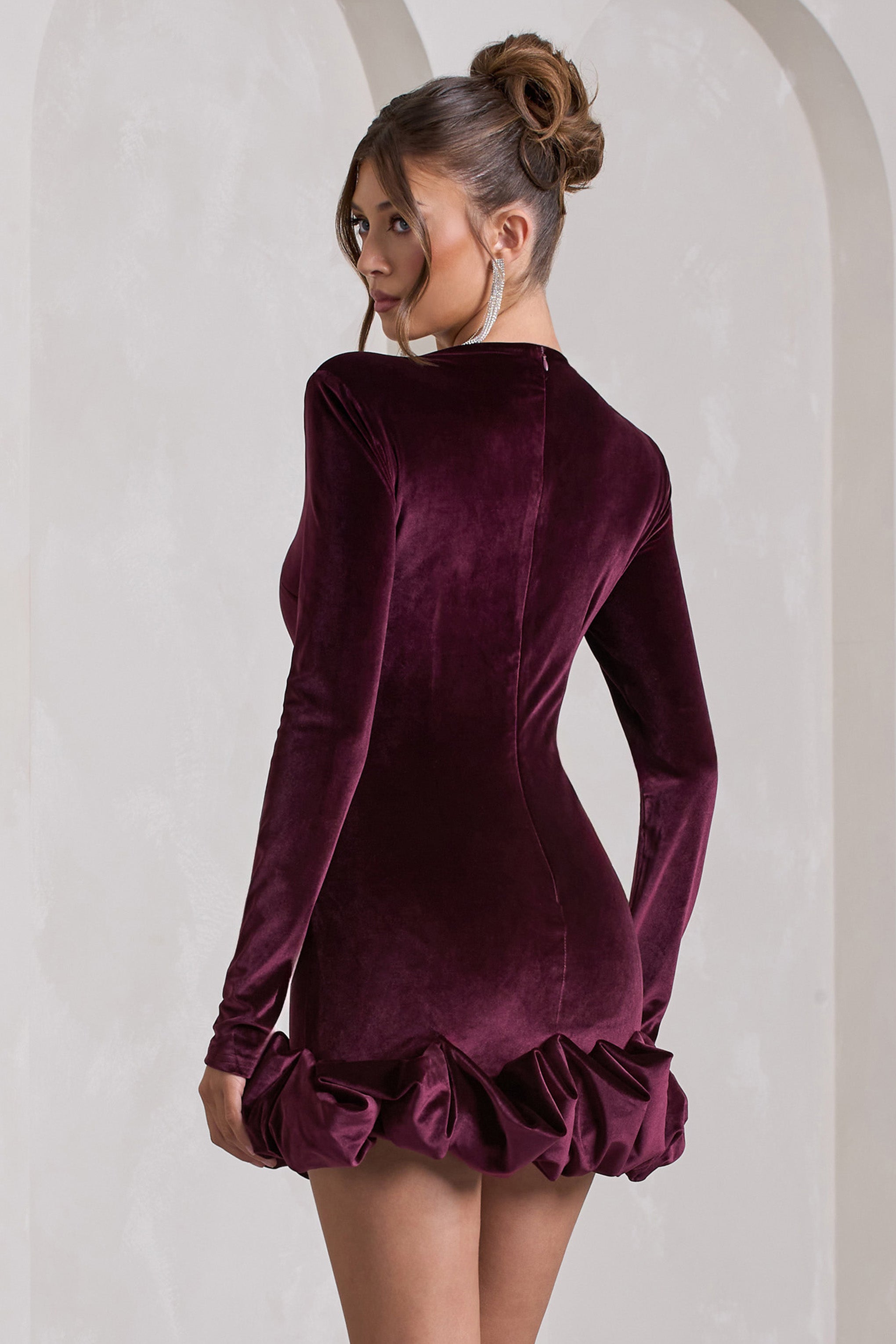 Port Velvet Long-Sleeved Ruffled Mini Dress