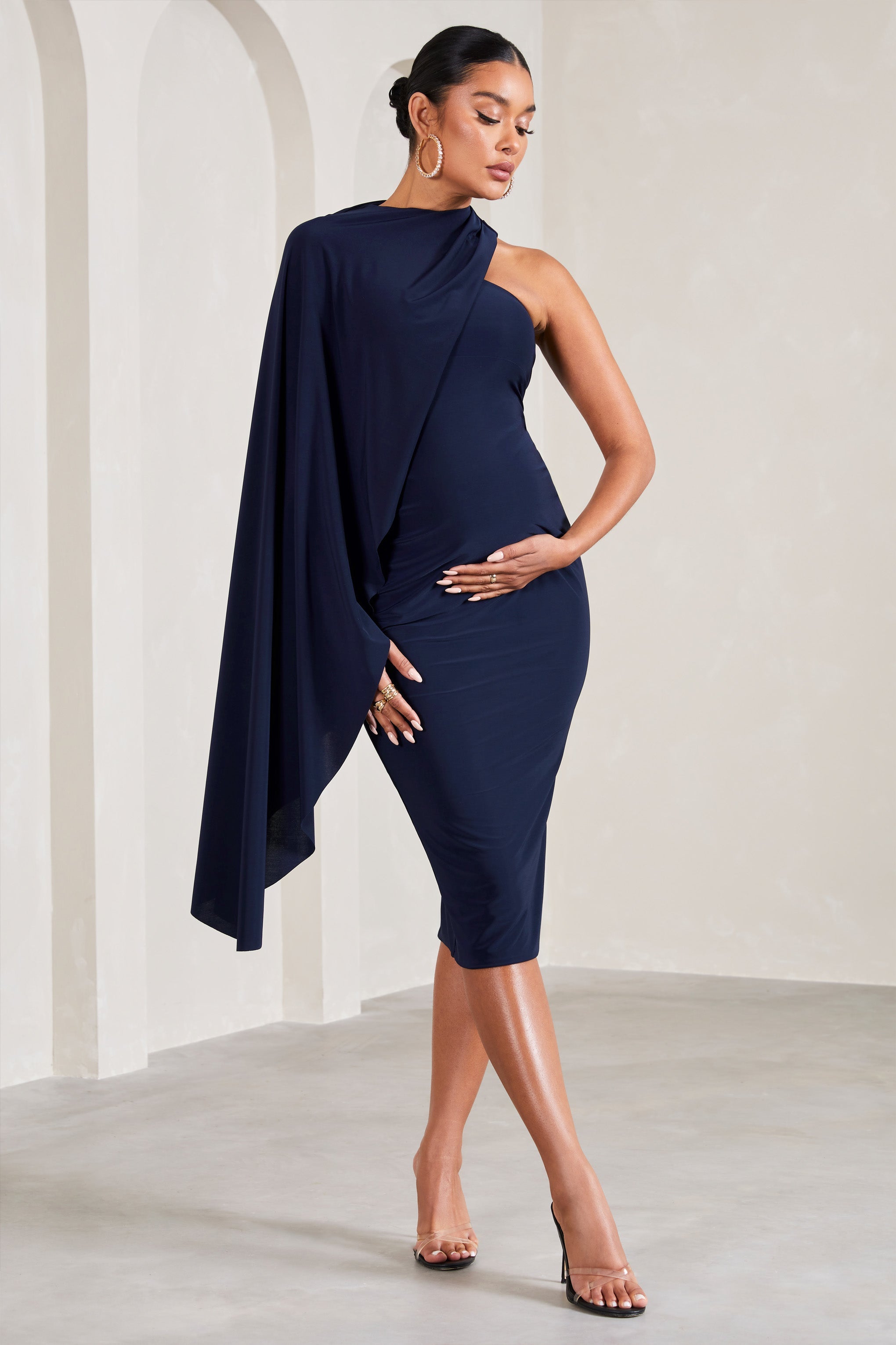 Navy Asymmetric Maternity Midi Dress With Cape