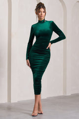 Bottle Green Velvet High-Neck Backless Midi Dress