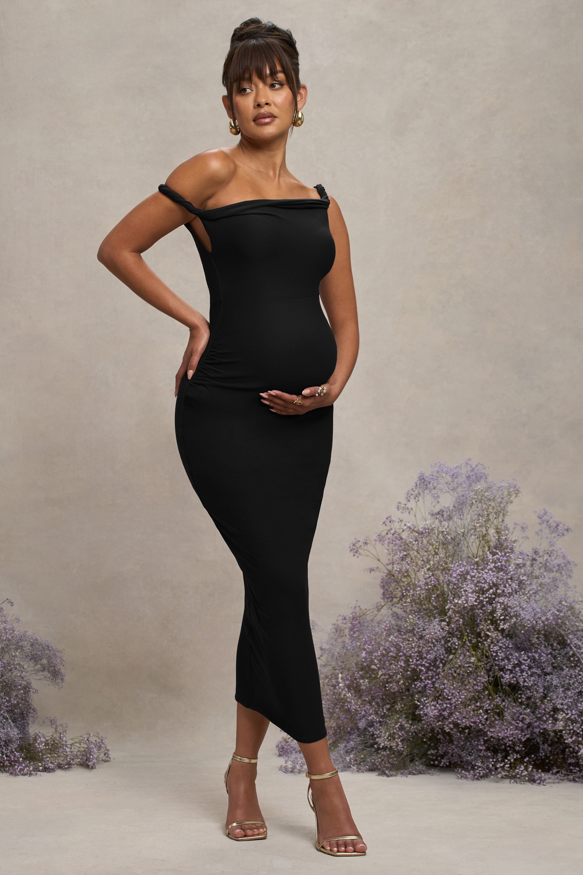 Black Twisted Asymmetric Maternity Midi Dress