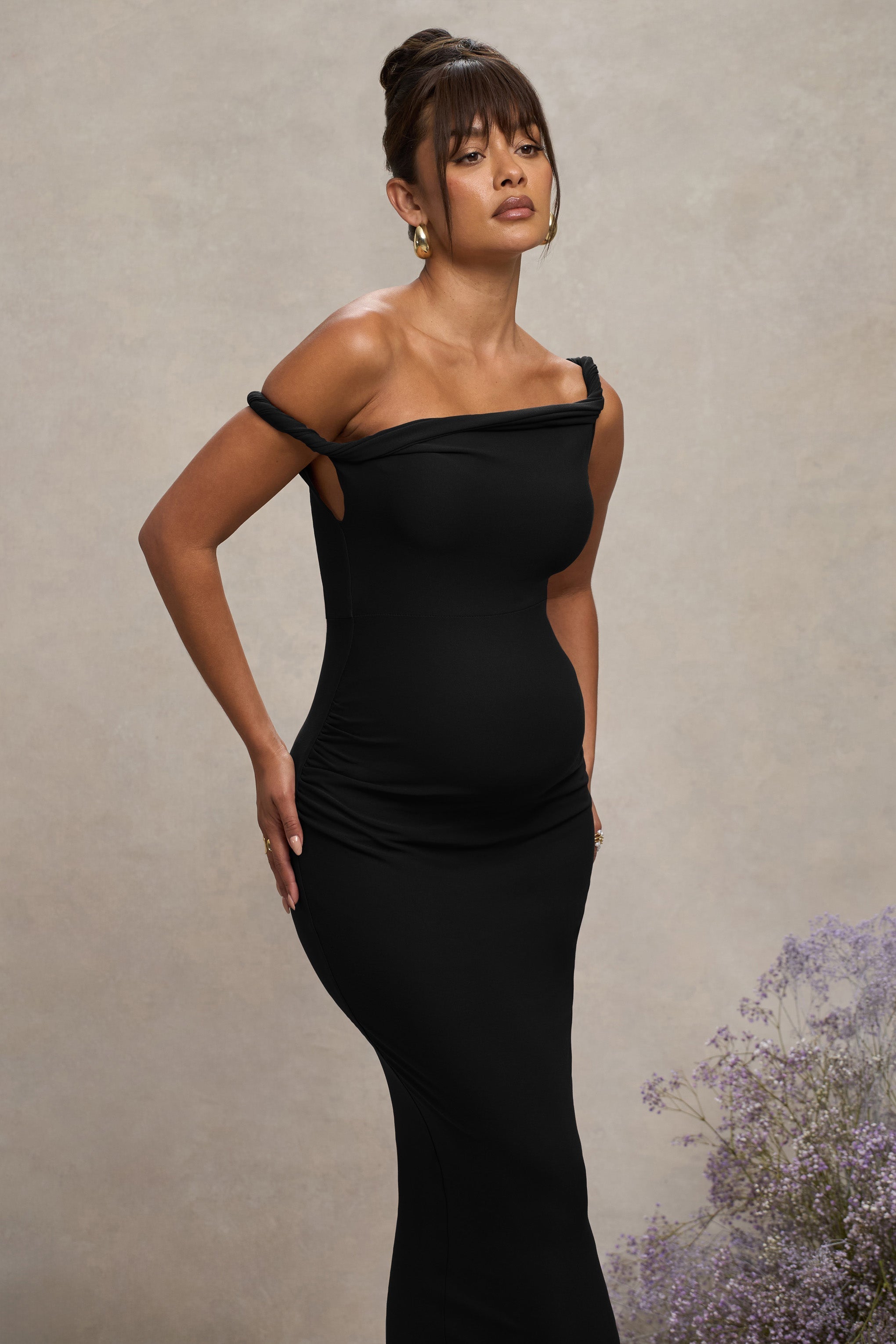 Black Twisted Asymmetric Maternity Midi Dress