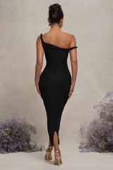 Black Twisted Asymmetric Maternity Midi Dress