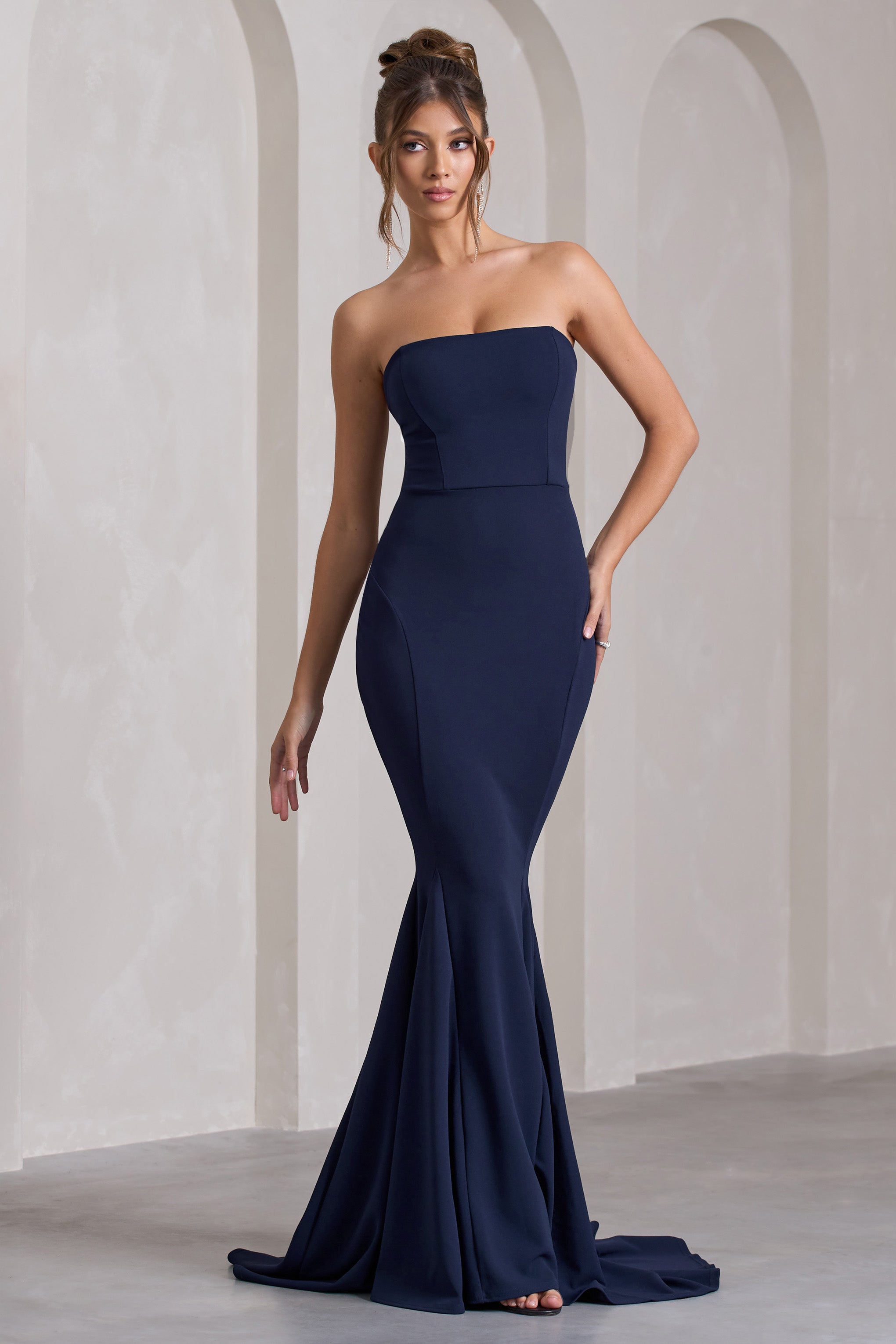 Navy Strapless Bandeau Fishtail Maxi Dress