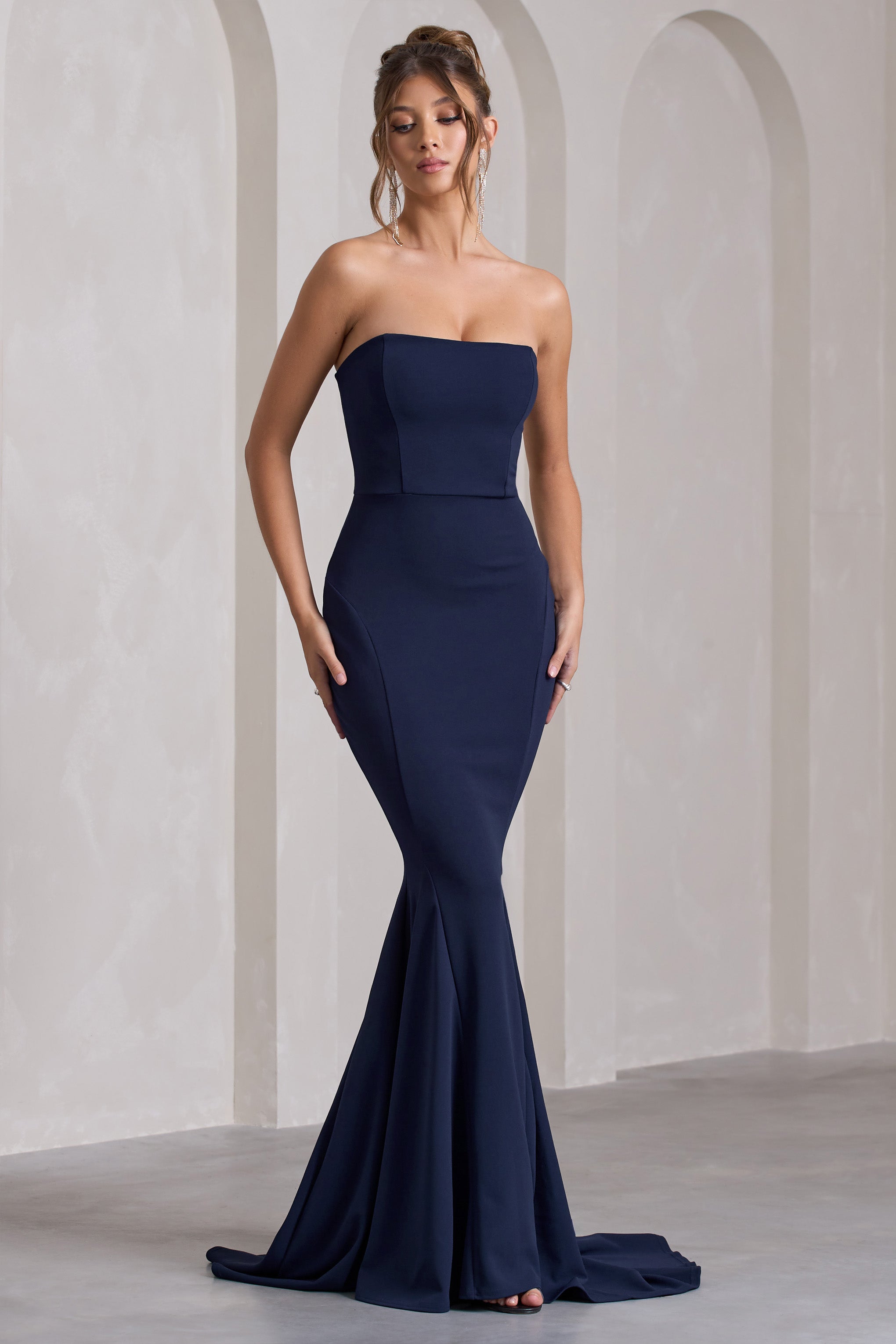 Navy Strapless Bandeau Fishtail Maxi Dress