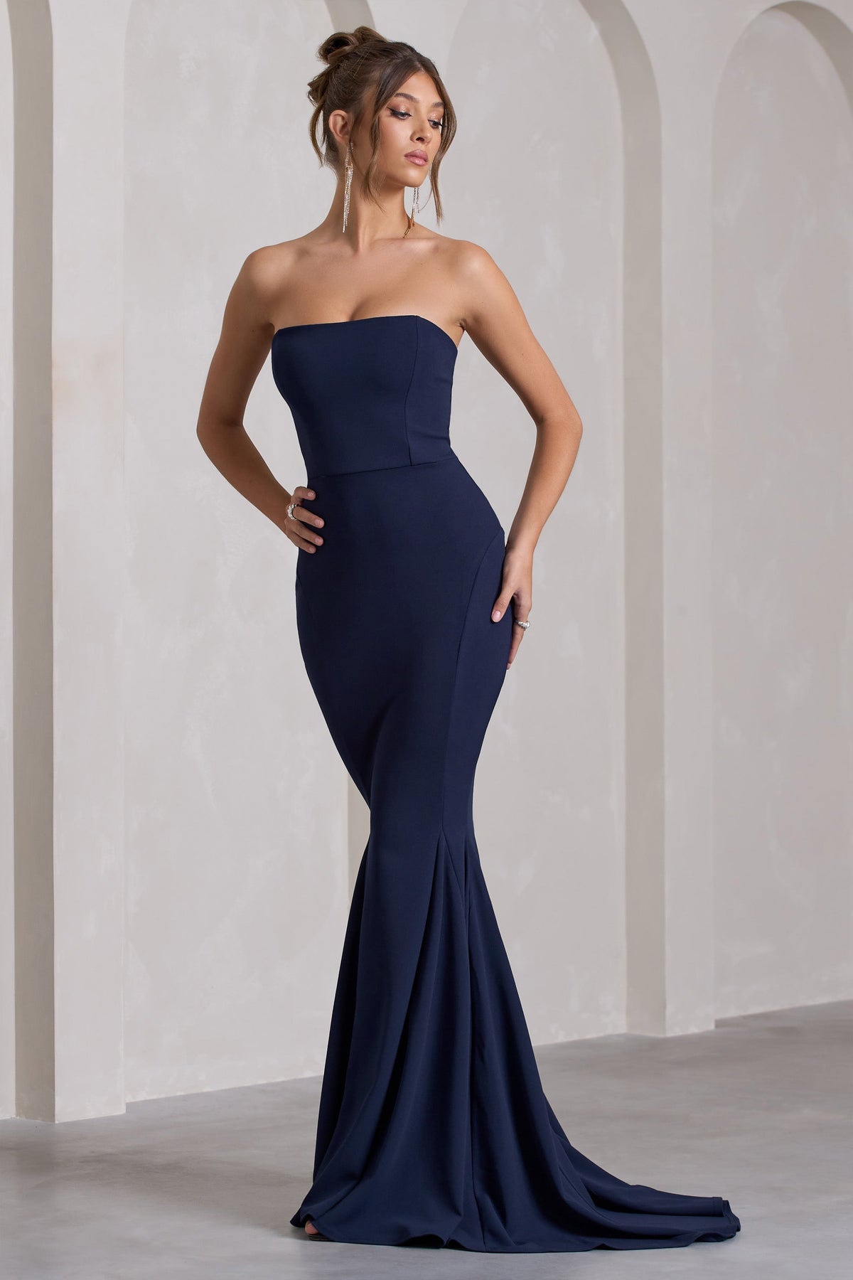 Navy Strapless Bandeau Fishtail Maxi Dress