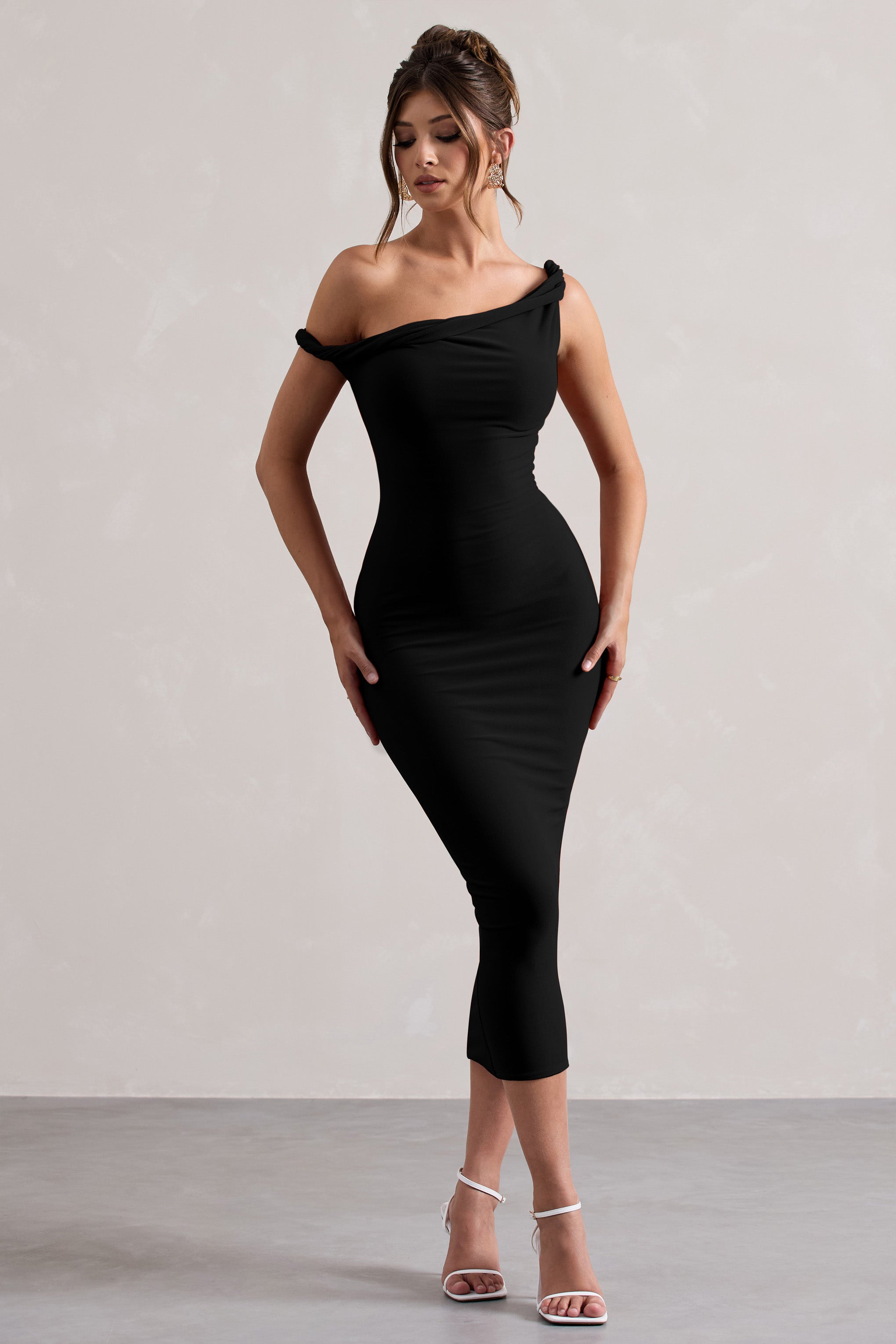 Black Twisted Asymmetric Midi Dress