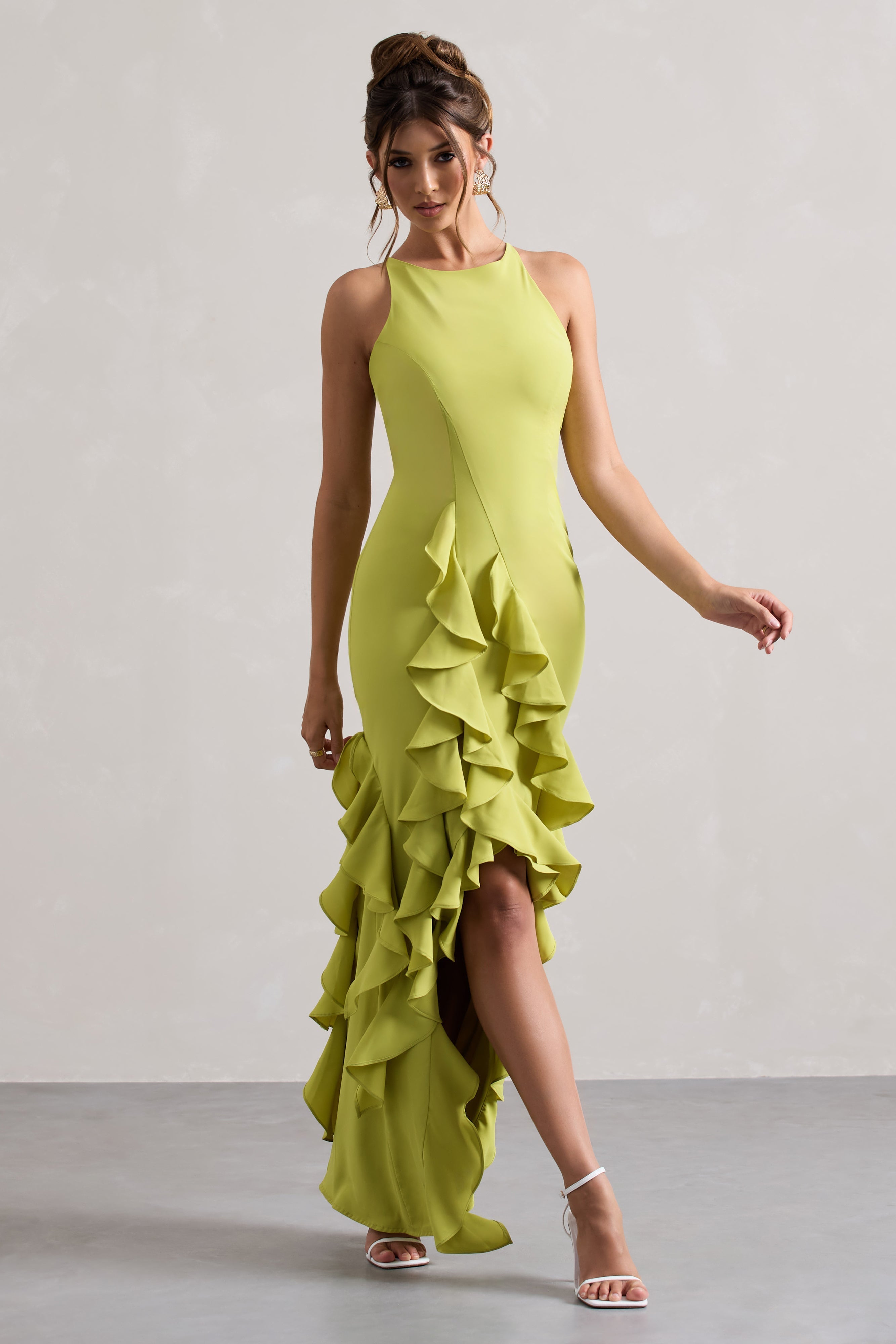 Lime Green Racer-Neck Ruffle Maxi Dress