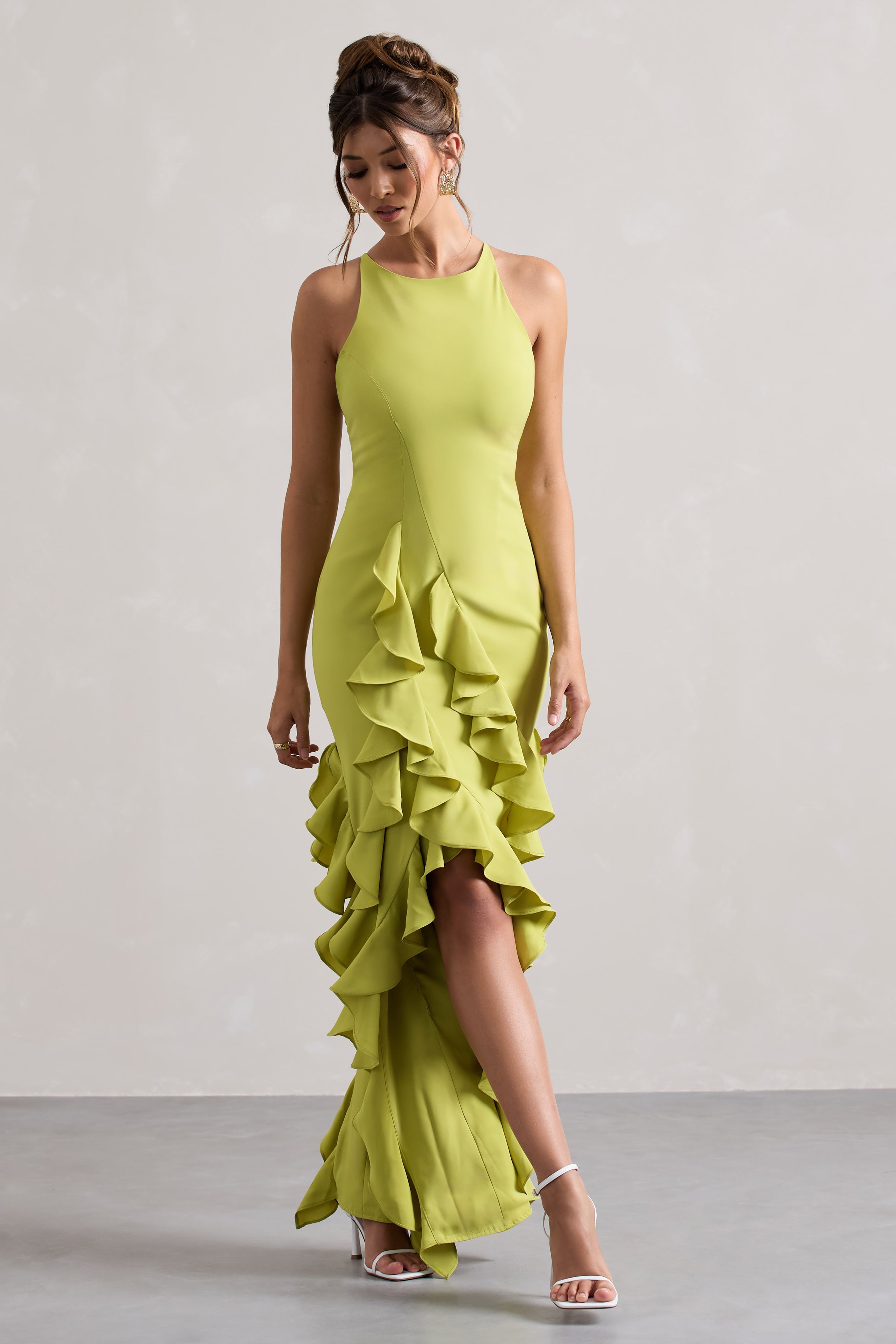 Lime Green Racer-Neck Ruffle Maxi Dress