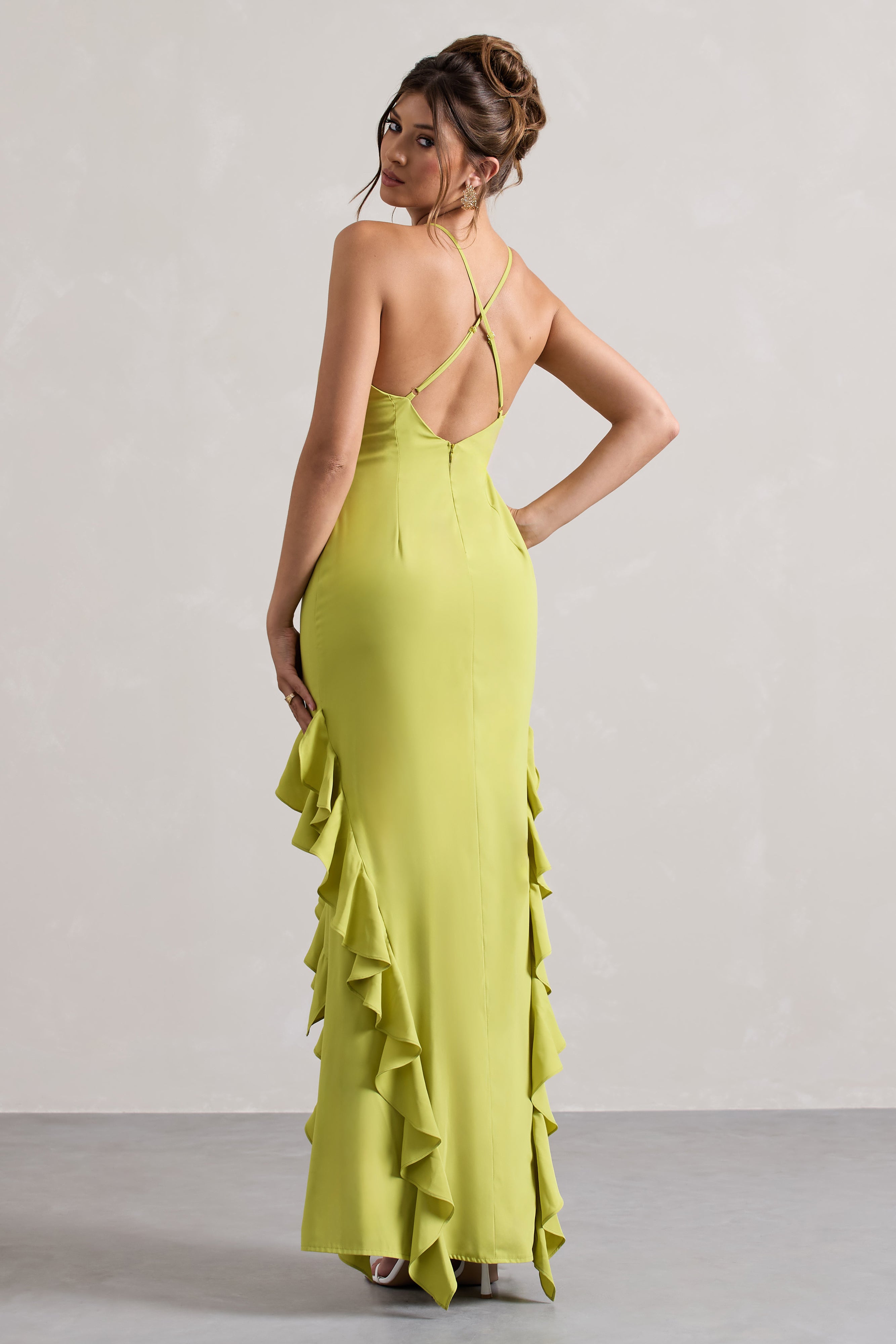 Lime Green Racer-Neck Ruffle Maxi Dress