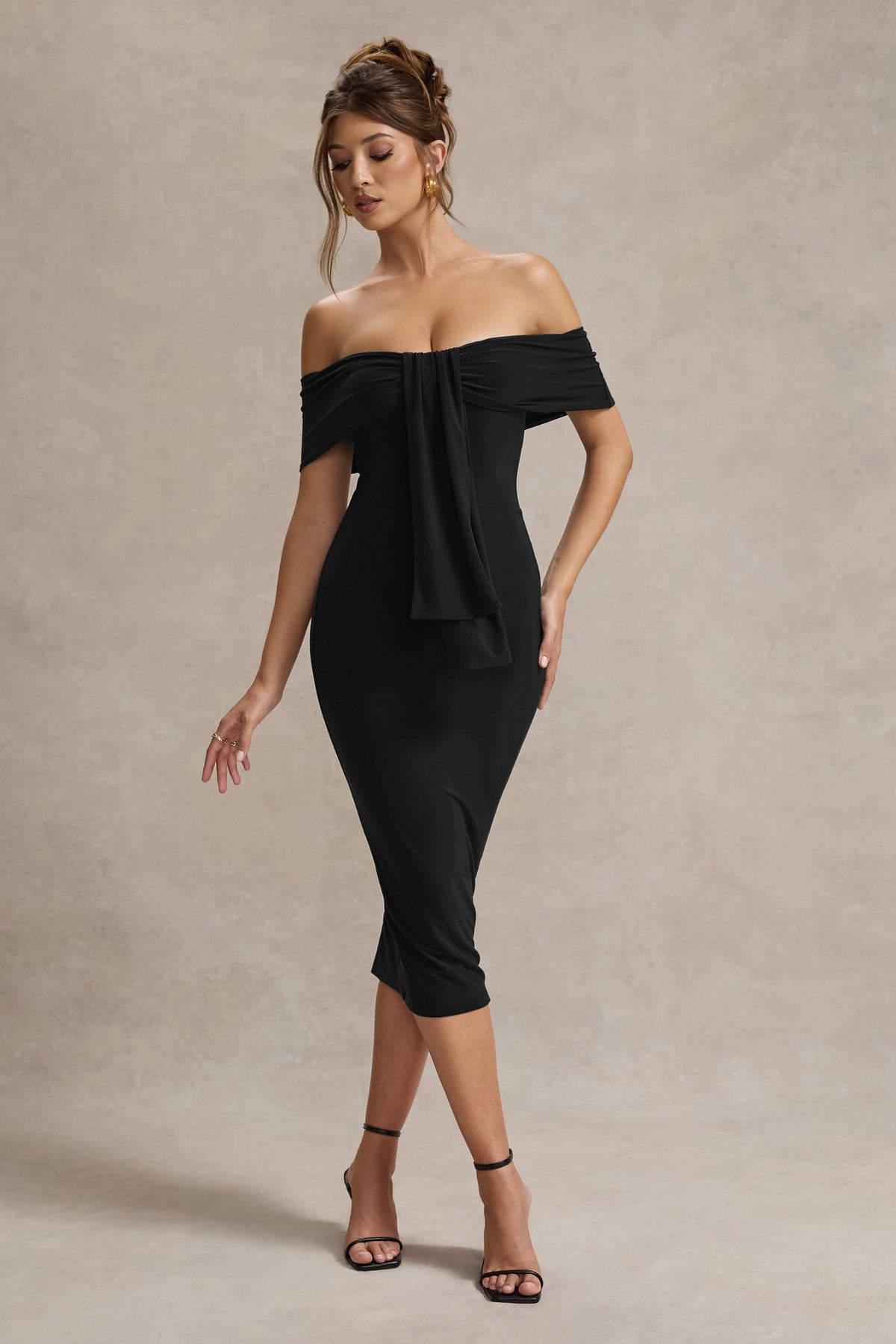 Black Bardot Midi Dress With Drape
