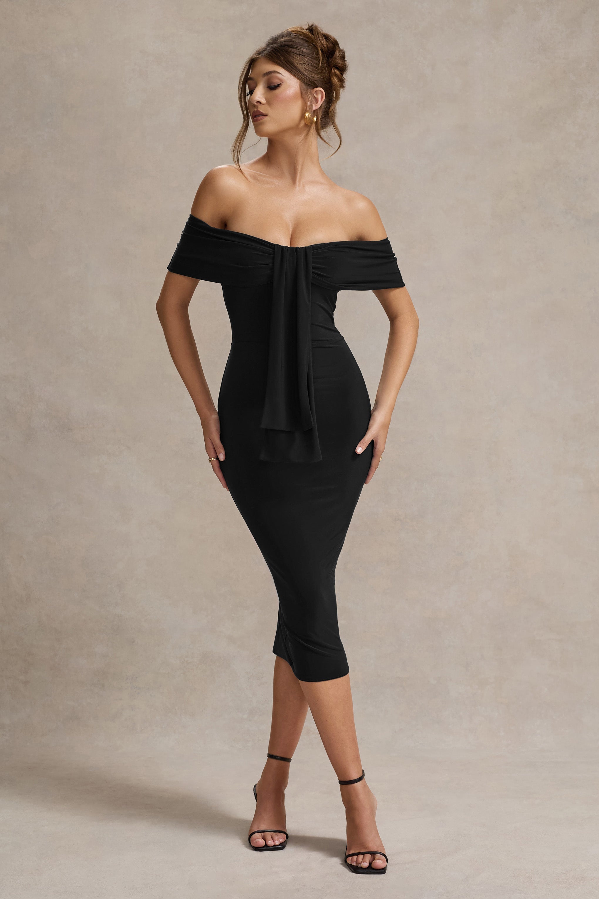 Black Bardot Midi Dress With Drape