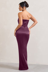 Burgundy Thigh Split Corset Strapless Maxi Dress
