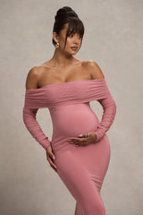 Blush Pink Maternity Ruched Mesh Bardot Maxi Dress