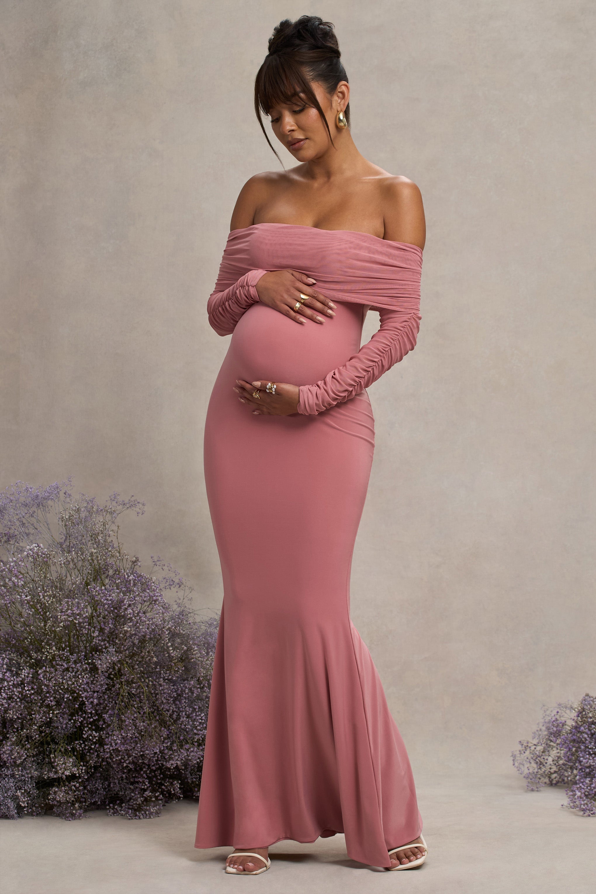 Blush Pink Maternity Ruched Mesh Bardot Maxi Dress