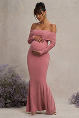 Blush Pink Maternity Ruched Mesh Bardot Maxi Dress