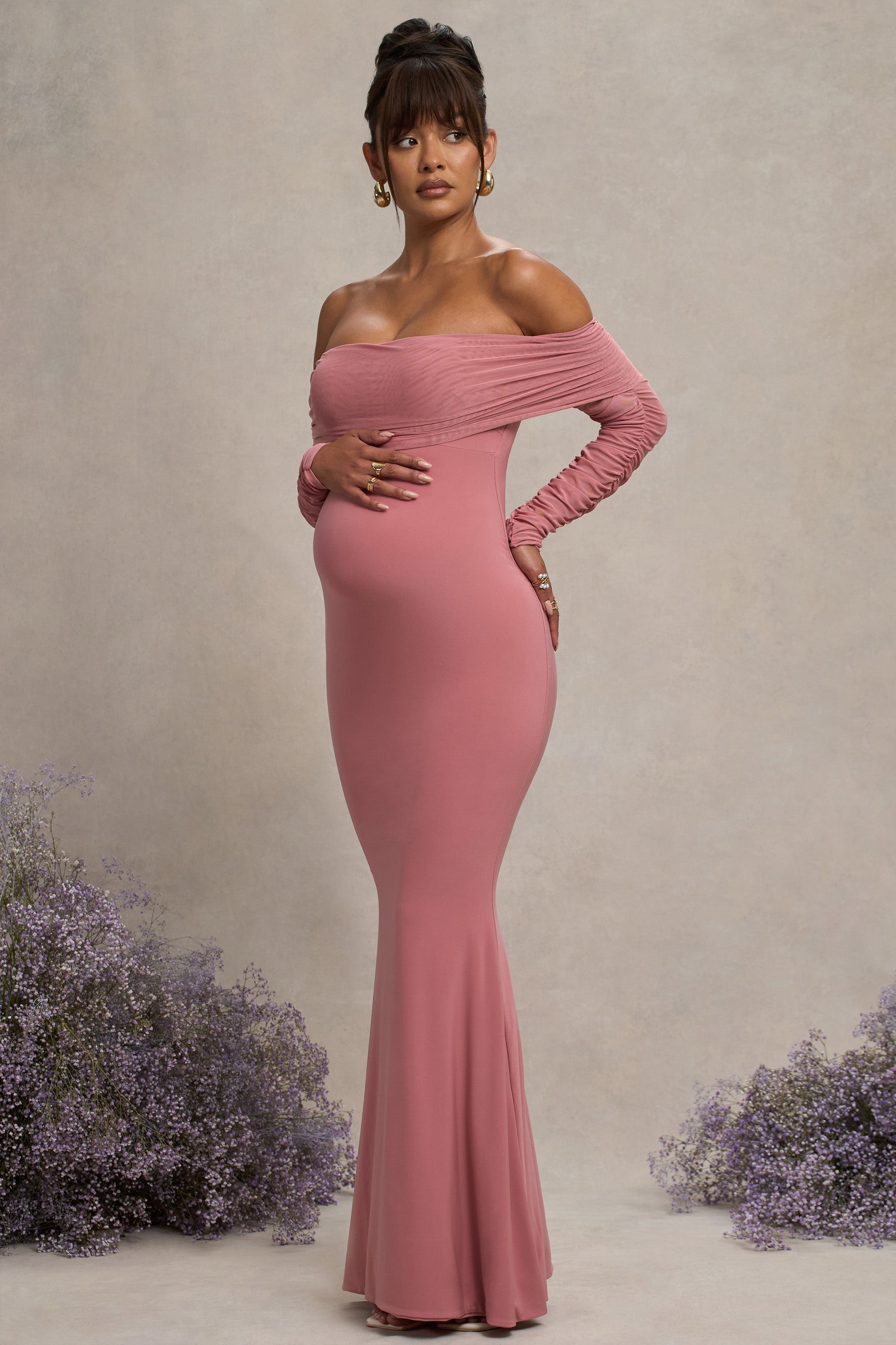Blush Pink Maternity Ruched Mesh Bardot Maxi Dress