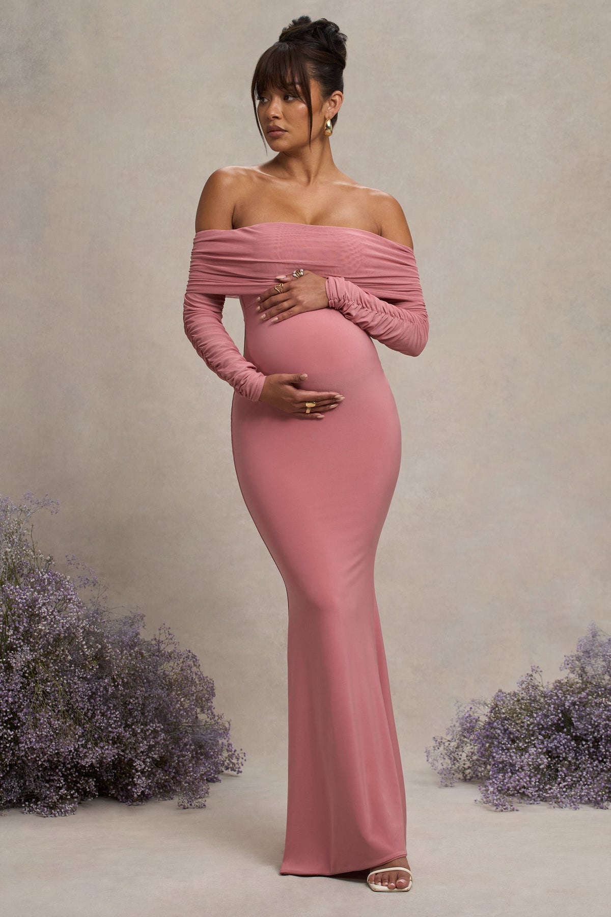 Blush Pink Maternity Ruched Mesh Bardot Maxi Dress