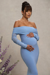 Powder Blue Maternity Ruched Mesh Bardot Maxi Dress