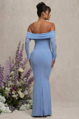 Powder Blue Maternity Ruched Mesh Bardot Maxi Dress