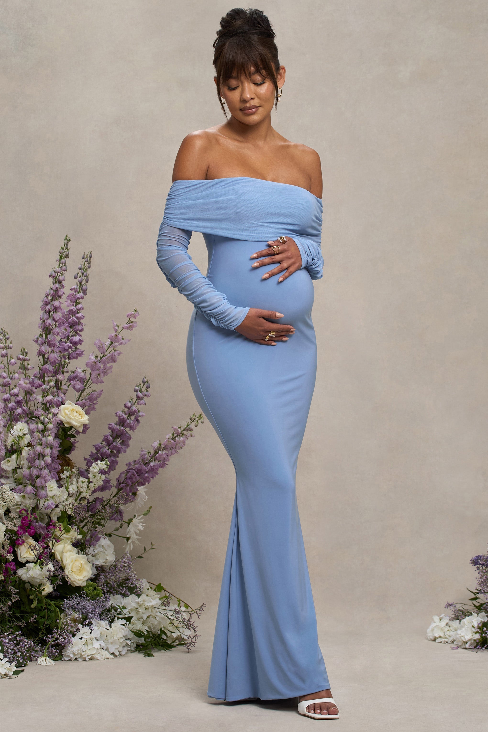 Powder Blue Maternity Ruched Mesh Bardot Maxi Dress