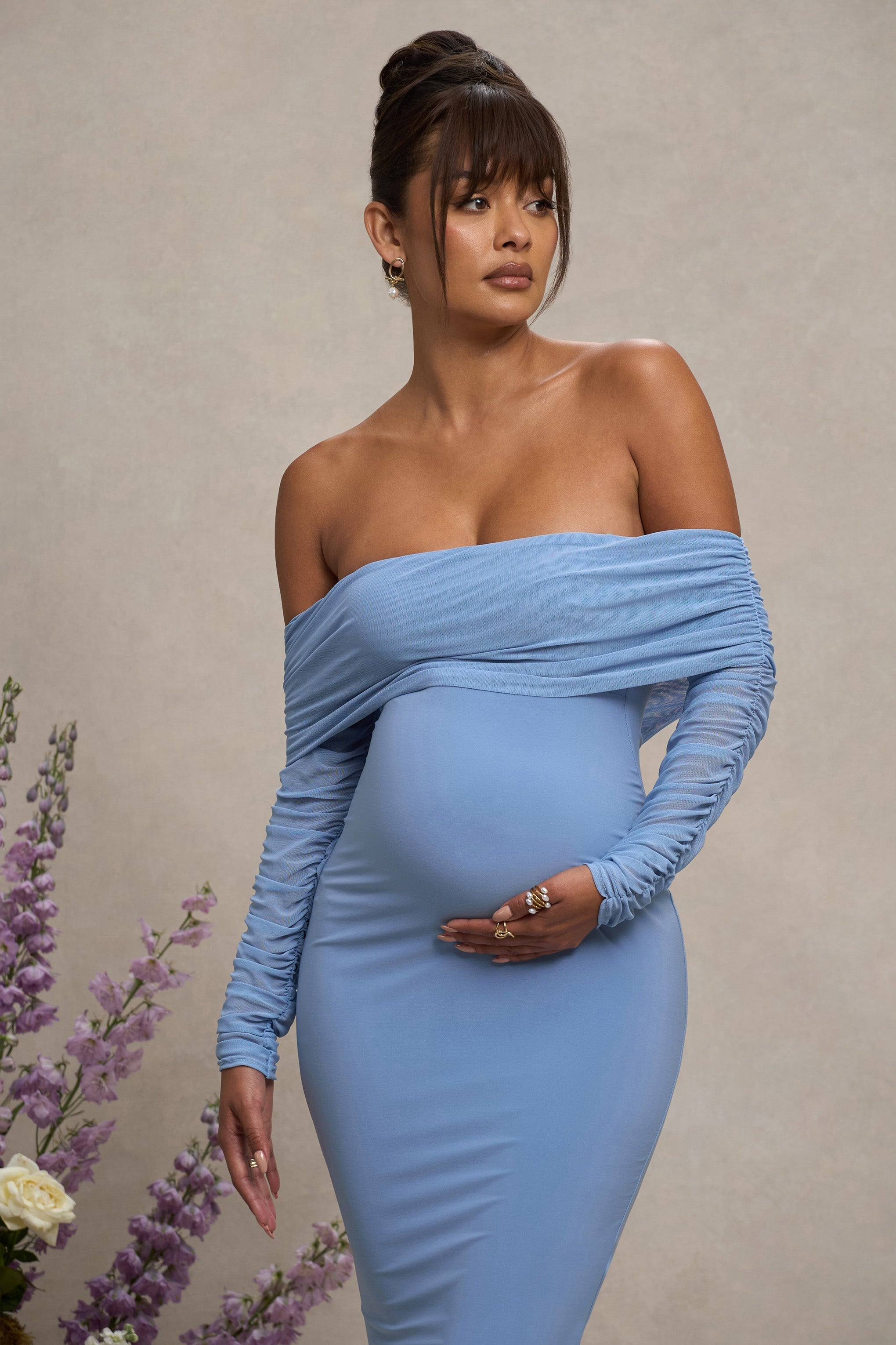 Powder Blue Maternity Ruched Mesh Bardot Midi Dress