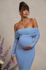 Powder Blue Maternity Ruched Mesh Bardot Midi Dress