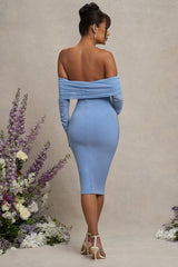 Powder Blue Maternity Ruched Mesh Bardot Midi Dress