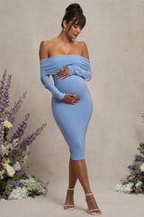 Powder Blue Maternity Ruched Mesh Bardot Midi Dress