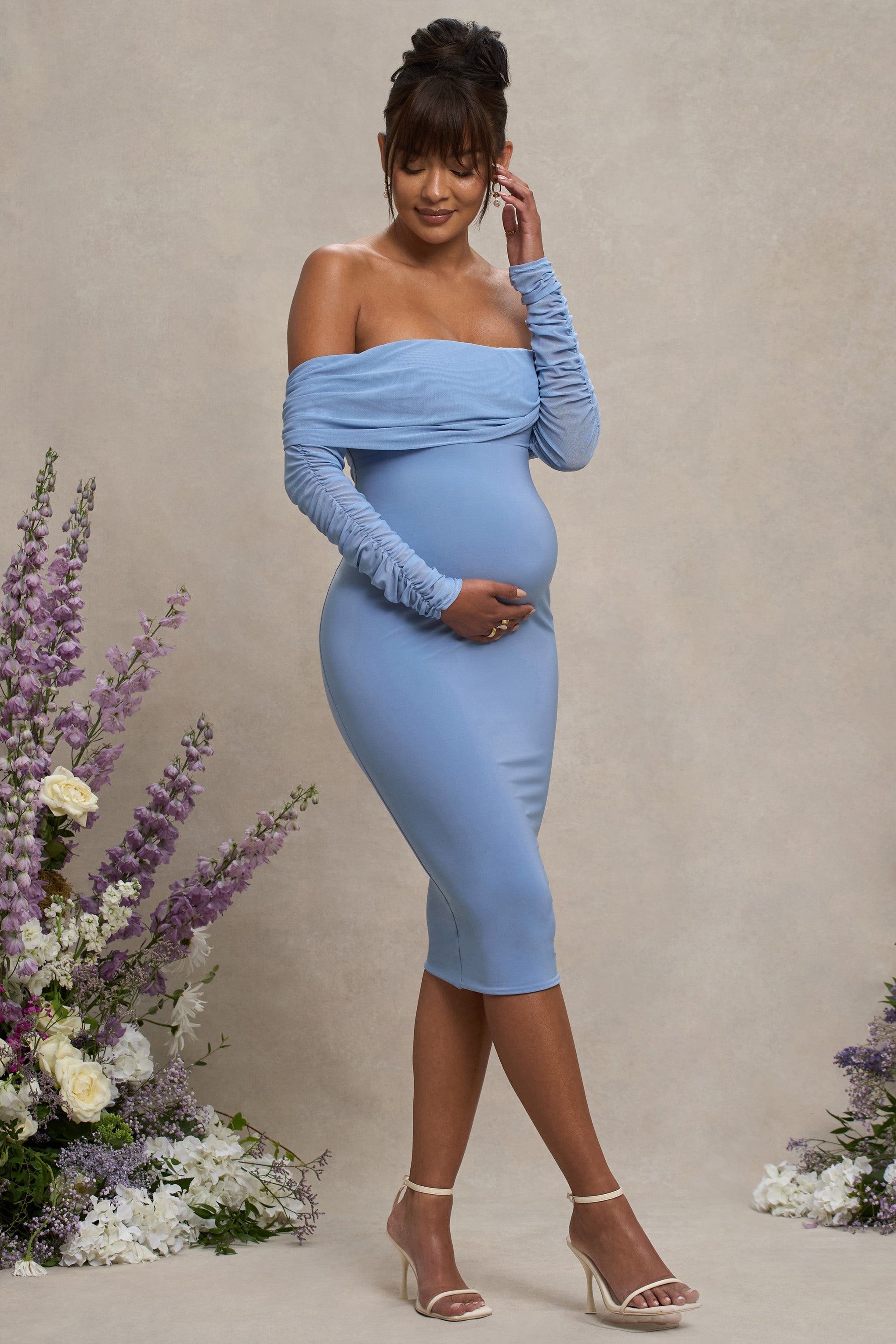 Powder Blue Maternity Ruched Mesh Bardot Midi Dress