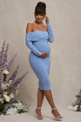 Powder Blue Maternity Ruched Mesh Bardot Midi Dress
